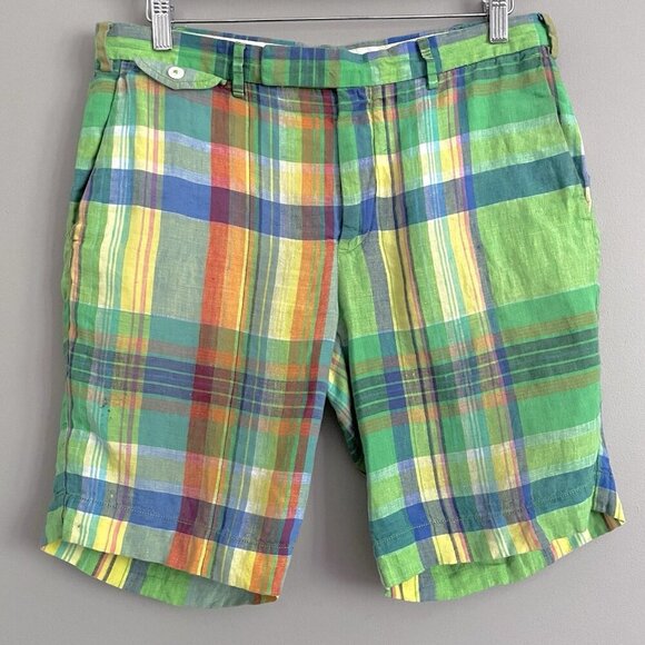 Vintage Polo Ralph Lauren Green Plaid India Madras Linen Shorts - 32-34" Waist/M - Picture 1 of 10